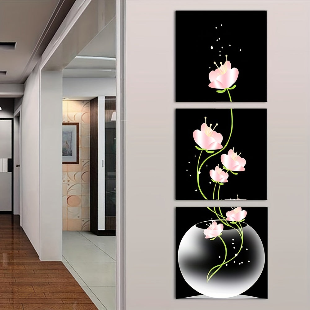 Set of 3 pink flower canvas prints with sparkling accents, perfect for living room or entryway decor. High-quality machine-printed canvas, elegant and minimalist design. Frameless.