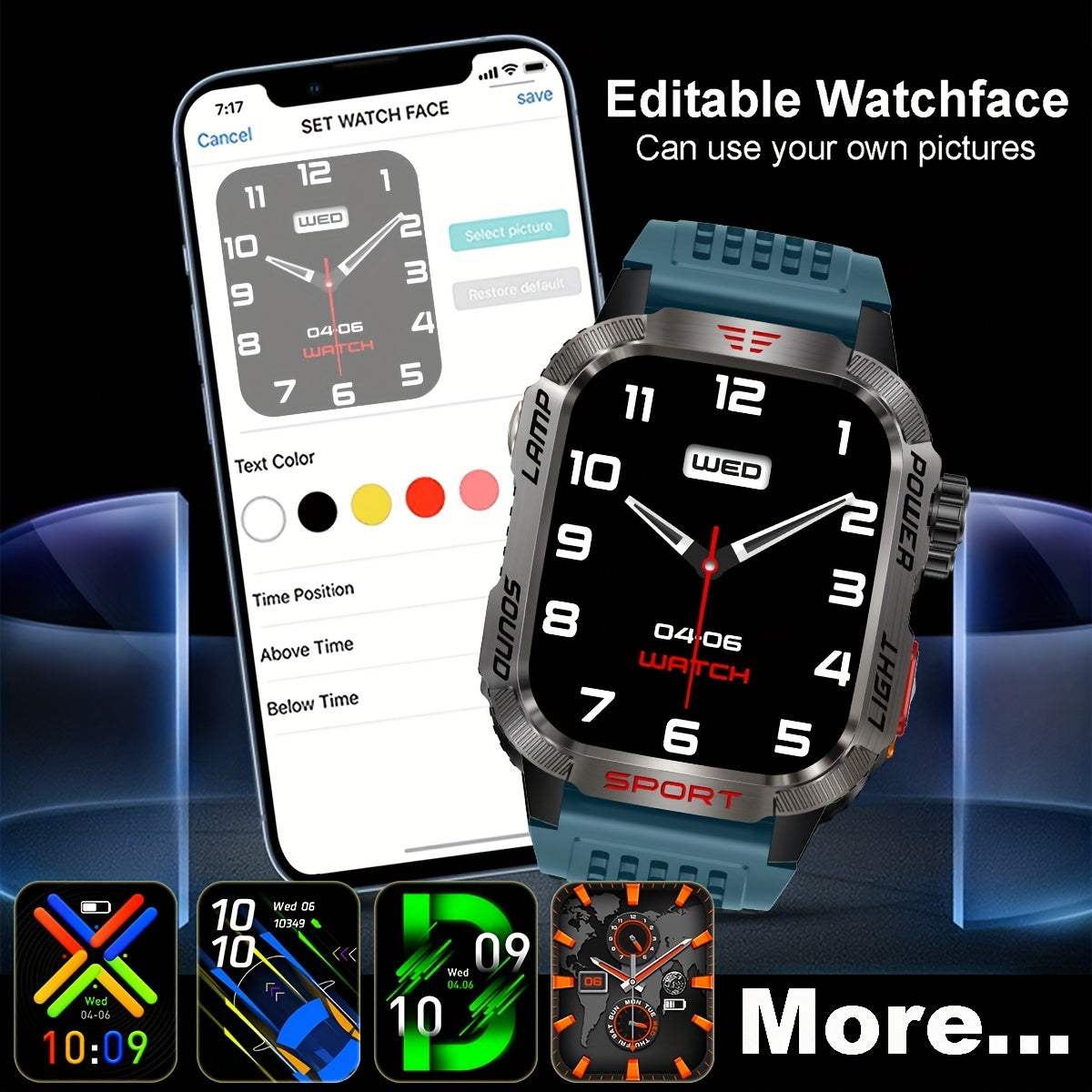 Durable outdoor smartwatch for iPhone & Android, with wireless call capabilities, LED flashlight, fitness tracking, waterproof design, and long-lasting battery.