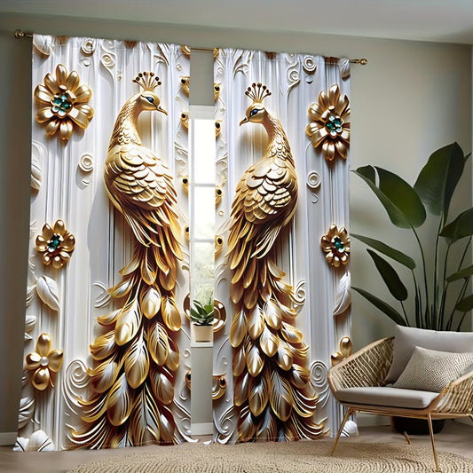 2 Golden Peacock Floral Print Sheer Polyester Curtains with Rod Pocket for various room décor.