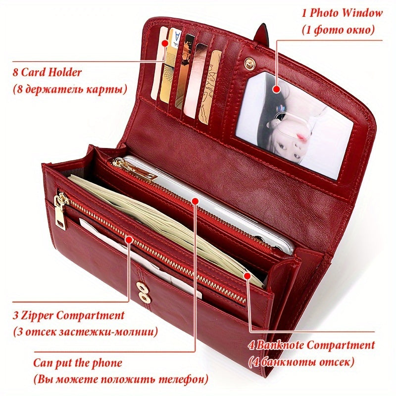 Red RFID blocking long clutch wallet with snap closure, zipper, coin pocket, and multiple card slots.