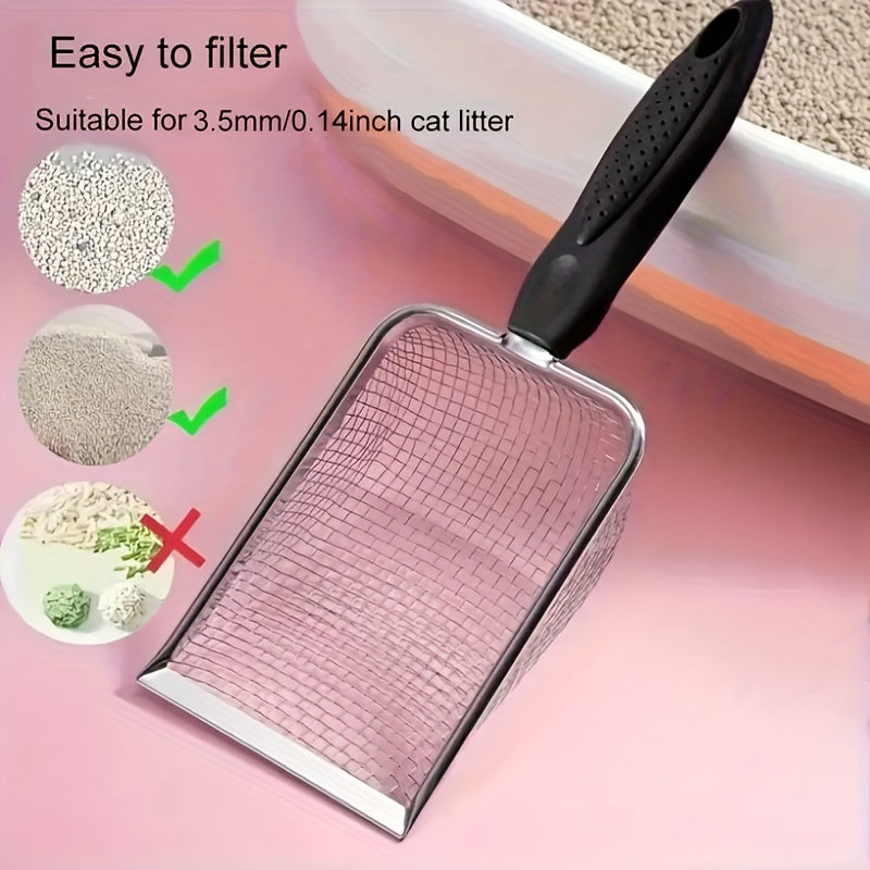 Durable stainless steel cat litter scoop with deep shovel for easy cleaning.