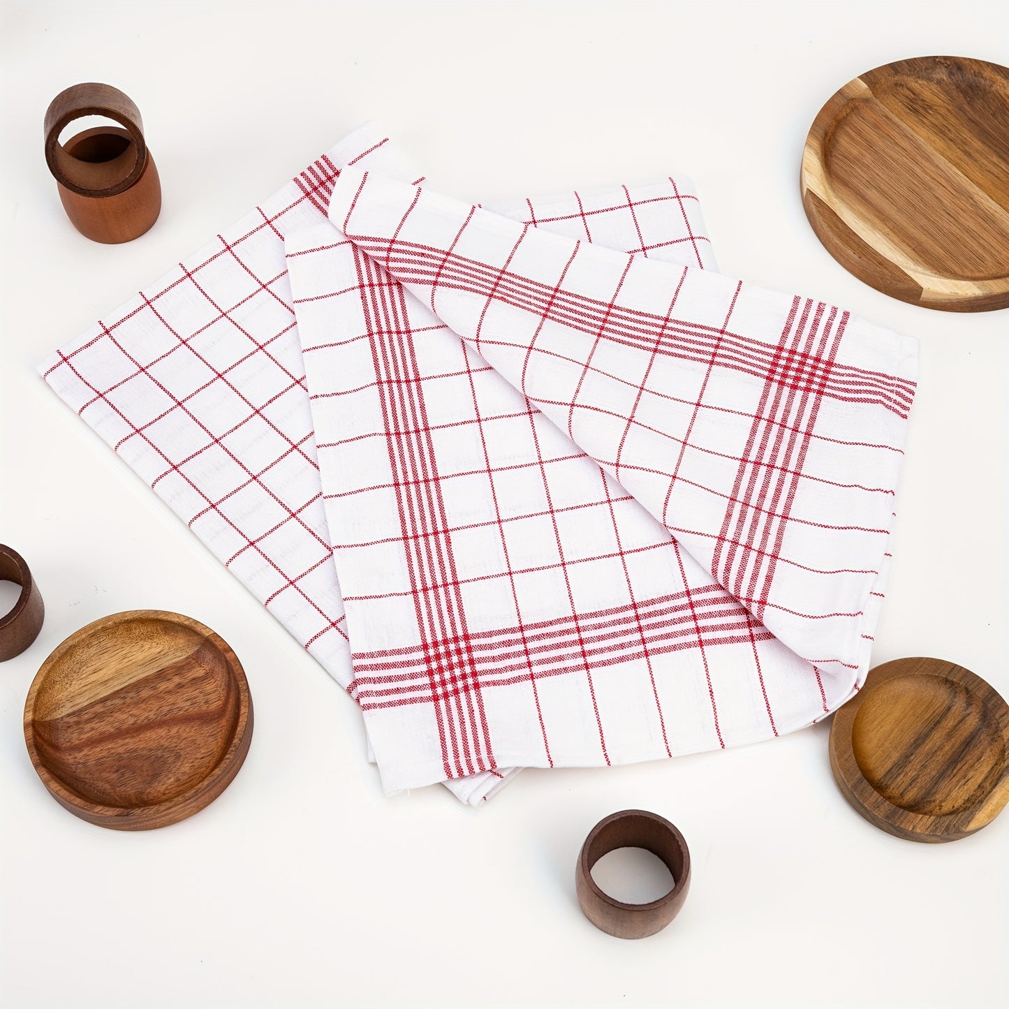 Set of 12 vintage red and white check European kitchen towels, each measuring 62 x 42cm. Heavy, hand hemmed tea towels suitable for all purposes.