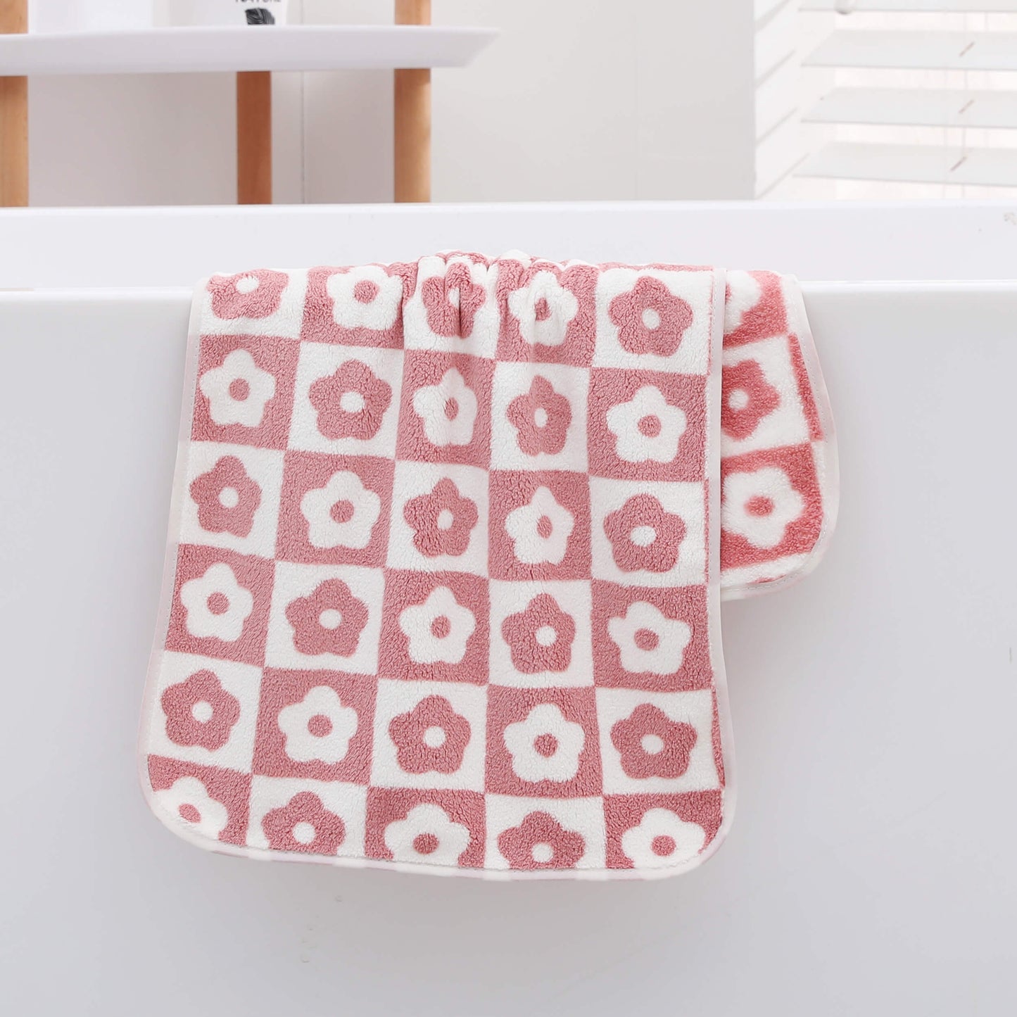 Three soft coral fleece hand towels with plum blossom design, highly absorbent and quick-drying, sized at 34.8x74.93cm.