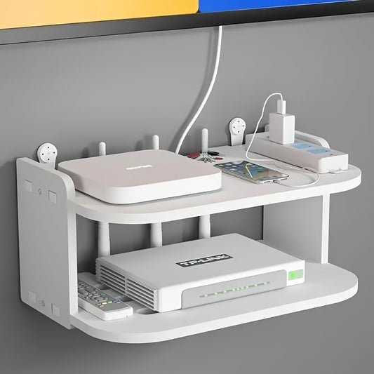 1pc Wall-Mounted Shelf made of PP material for organizing routers and TV set-top boxes without the need for drilling, providing a space-saving storage solution.