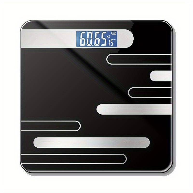 A sleek black digital body weight scale with LCD display, ideal for bathroom use, battery-powered