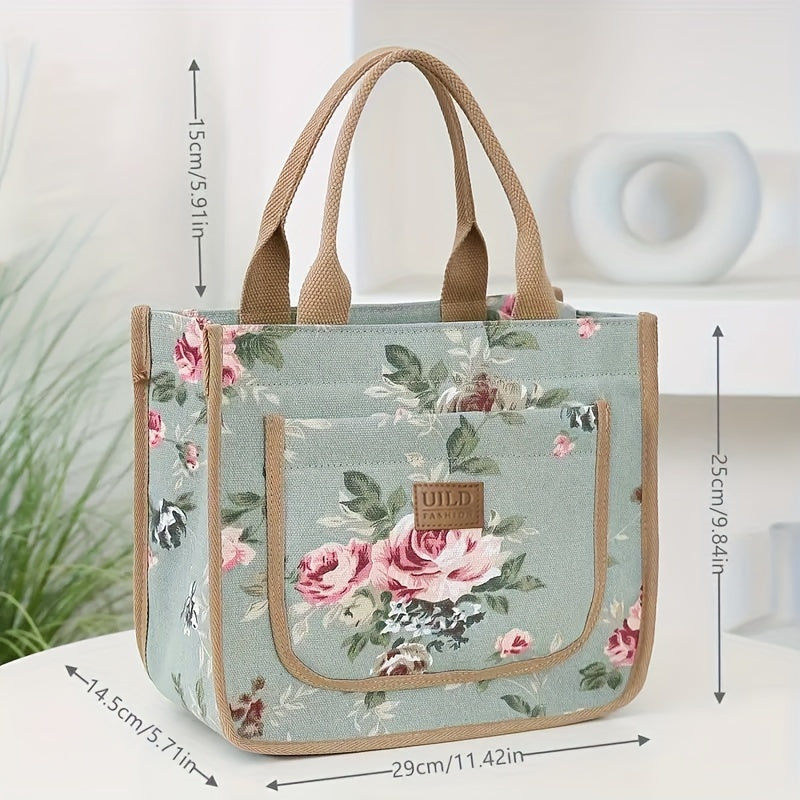 Large capacity portable tote for office and picnic featuring a floral print design on a canvas lunch bag. Hand washable and in a mixed color rectangle shape with a unique random print design. Includes 1 piece.