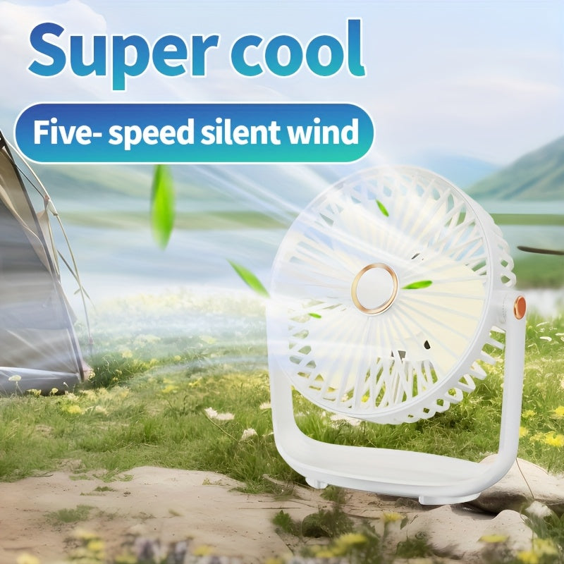 Sleek White Compact Portable Desktop Fan with USB Charging - Features 5-Speed Adjustable Cooling, Long-Lasting Battery for Indoor/Outdoor Use - Includes Power Cable and is Perfect for on-the-go Cooling