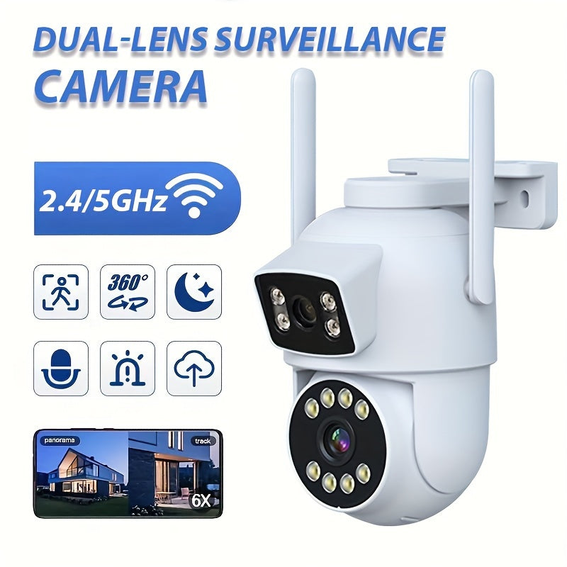 The 360 Degree Dual-Lens WiFi Security Camera offers 1080P HD Video, Intelligent Motion Detection, Two-Way Audio, USB Powered, Smartphone Compatibility, and a Round Shape Without the Need for Batteries.