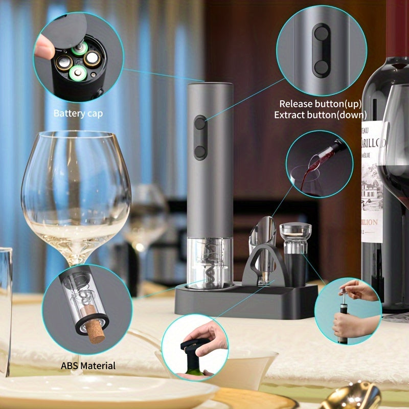 Electric wine opener set includes automatic opener, corkscrew, vacuum stopper, and 5 essential tools. Dimensions: 8.31cm X 7.29cm X 23.19cm.