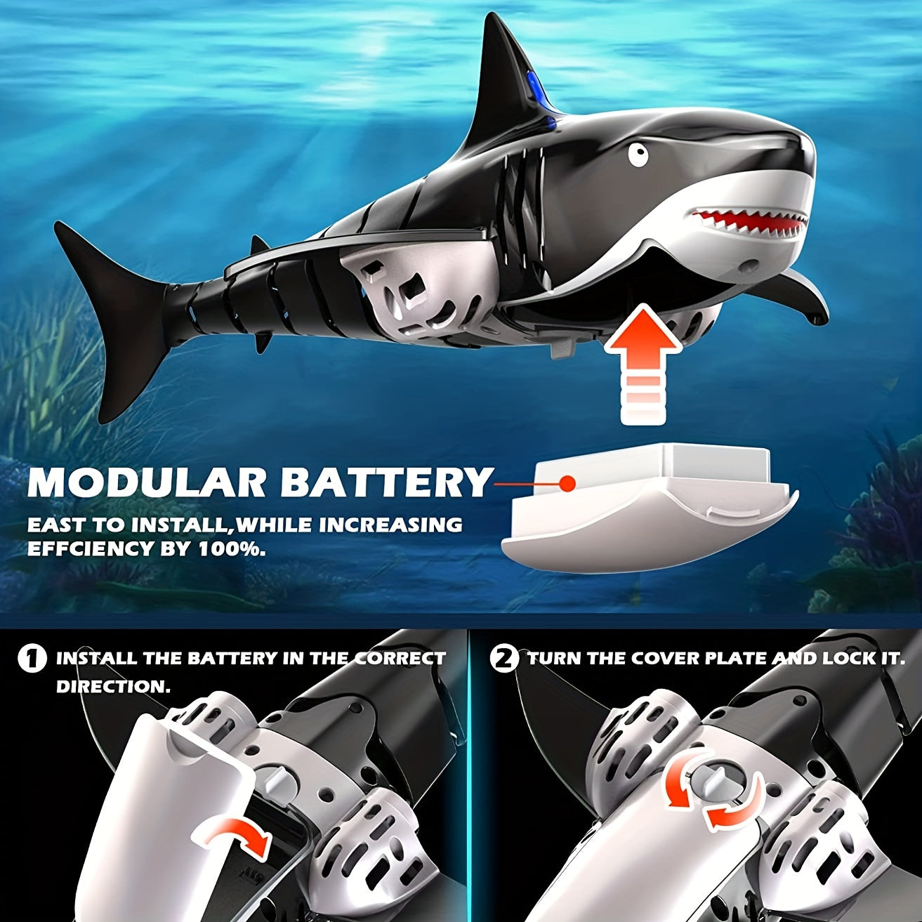 Improved remote control shark pool toy for kids, 2.4GHz waterproof boat with 1000mAh battery.