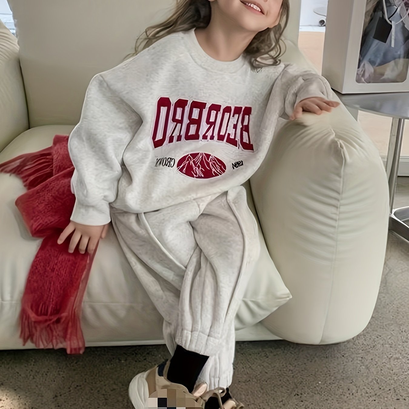 Cotton blend hoodie and jogger set for girls, featuring letter print, long sleeves, crew neck, and pockets. Ideal for spring and fall weather, great for outdoor activities.