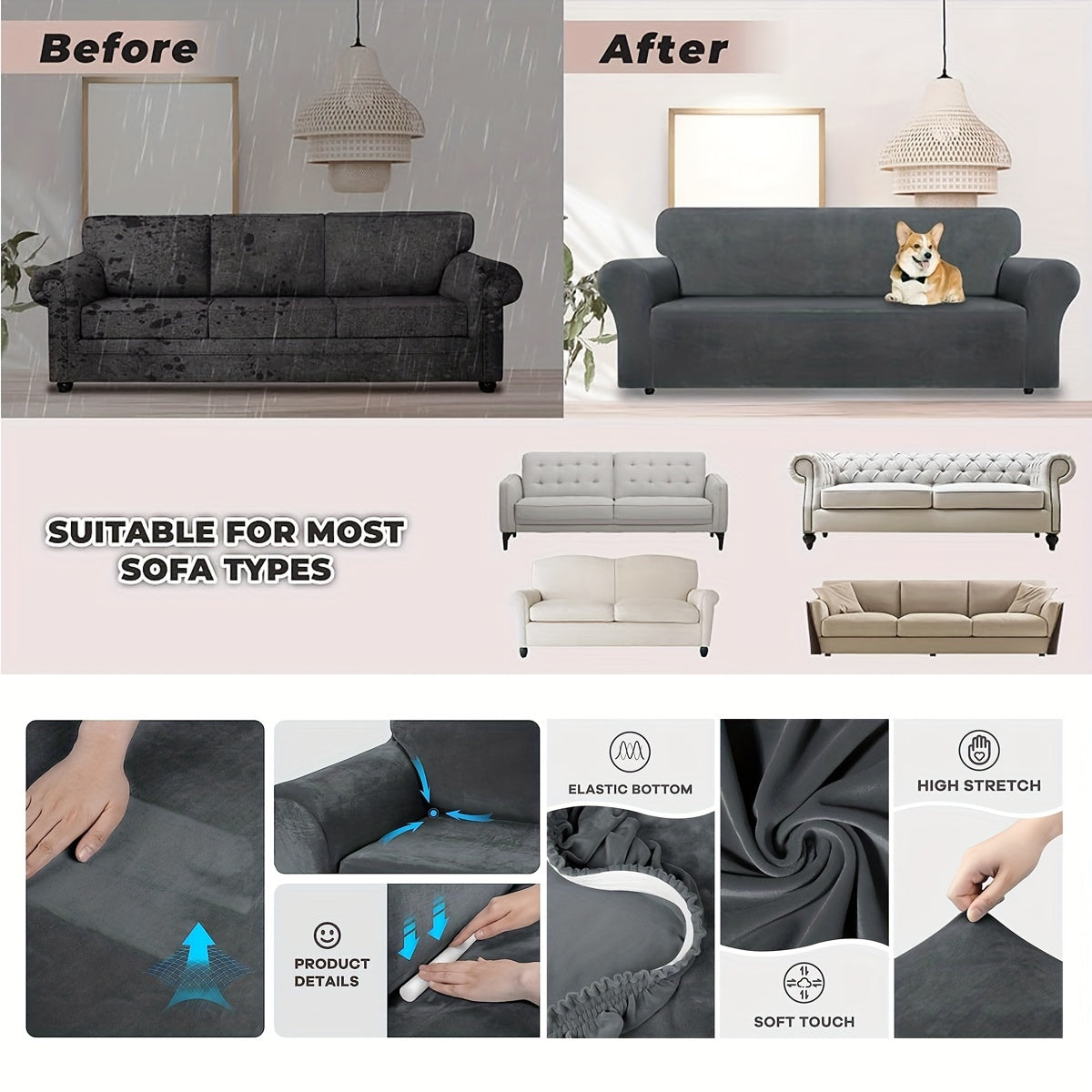 Thickened velvet sofa cover with elastic bottom for all seasons, suitable for pets and provides universal anti-scratch protection for living room home decor.