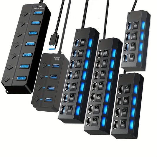 1 dona USB Adapter Hub 7 yoki 4 port bilan, LED chiroq va PC yoki noutbuk uchun quvvatni yoqish/o'chirish tugmasi