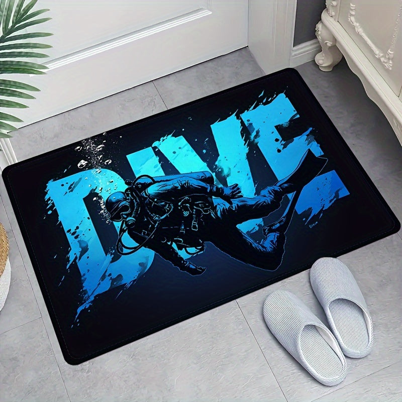 Flannel Anti-Fatigue Doormat "Diver" - 1 Piece - Absorbent, Non-Slip, Machine Washable Comfort Floor Mat with Underwater Design for Entryway, Kitchen, Living Room, Bedroom, Laundry