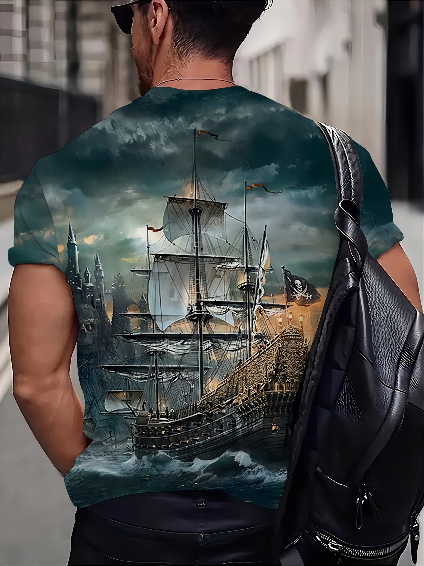 Men's pirate ship print t-shirt made of polyester knit fabric with slight stretch, featuring casual street style and regular fit for daily wear in plus size.