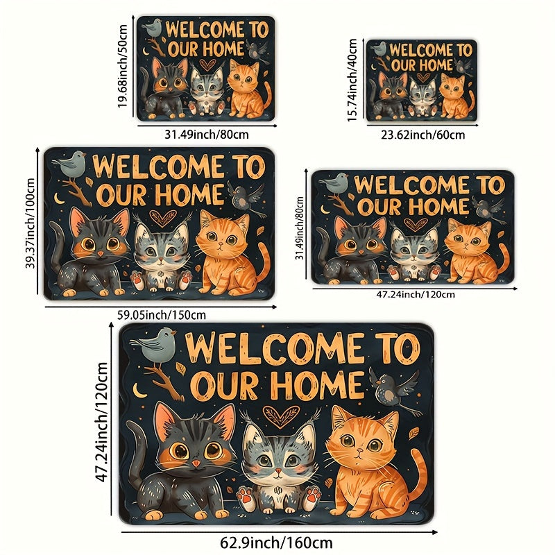 Add a Touch of Adorableness to Your Home with this Cute Cats "Welcome to Our Home" Doormat - Easy to Clean Machine Washable Polyester Non-Slip Rug Perfect for Any Room in Your House or Outdoor Area - Stylish and Functional Mat to Keep Your Space Clean