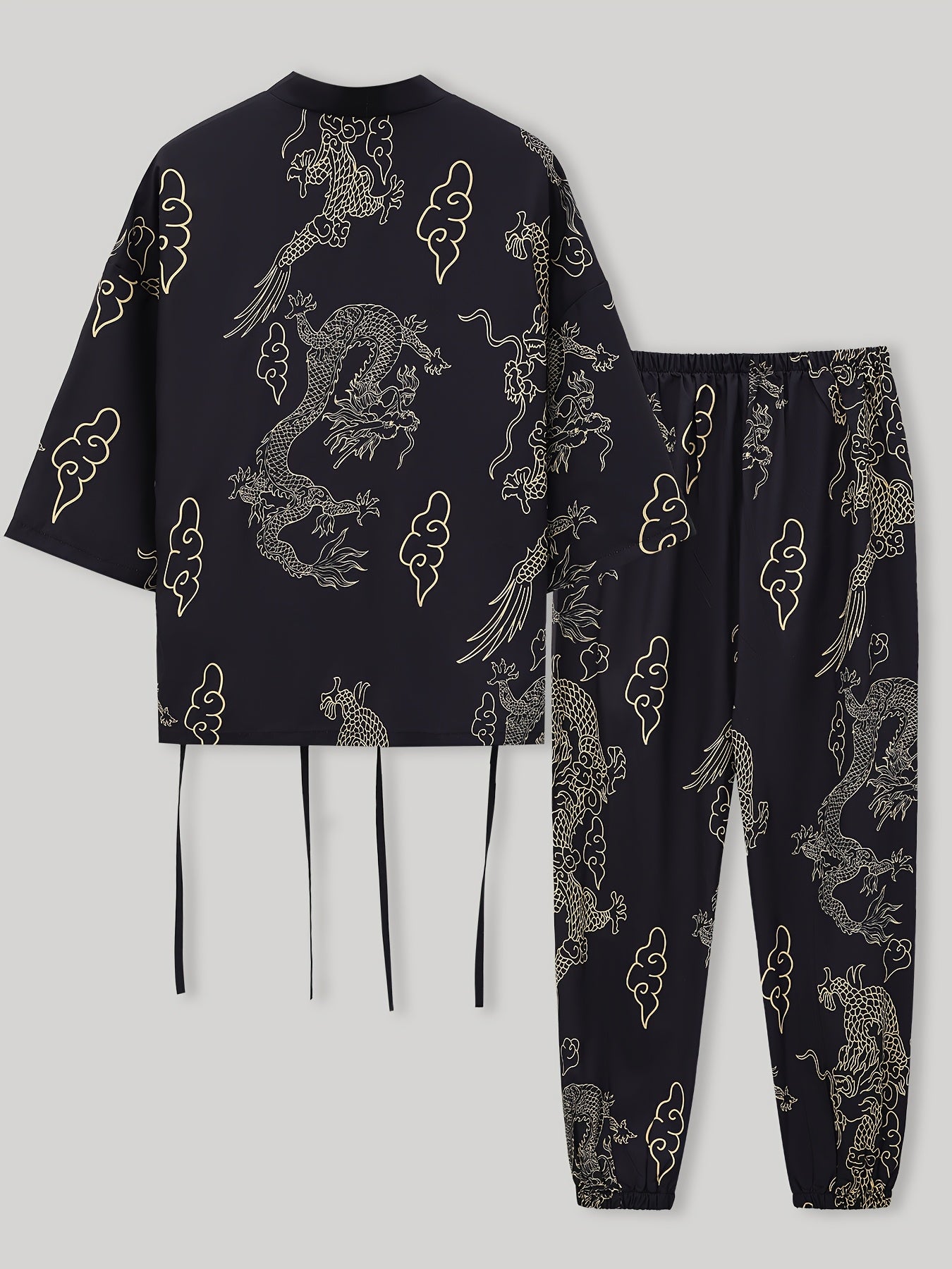 Men's dragon print pajama set for casual wear, featuring a Japanese-inspired mid-sleeve top and long pants made of breathable polyester, machine washable.