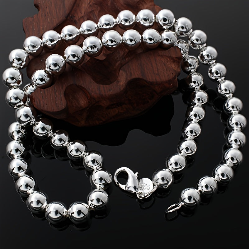 Retro-chic 925 Sterling Silver Beaded Necklace - Featuring 8mm Hollow Beads, Sophisticated Unplated Jewelry, Ideal for Everyday Wear and Gift-Giving, Great for Mardi Gras Celebrations, Suitable for any Season