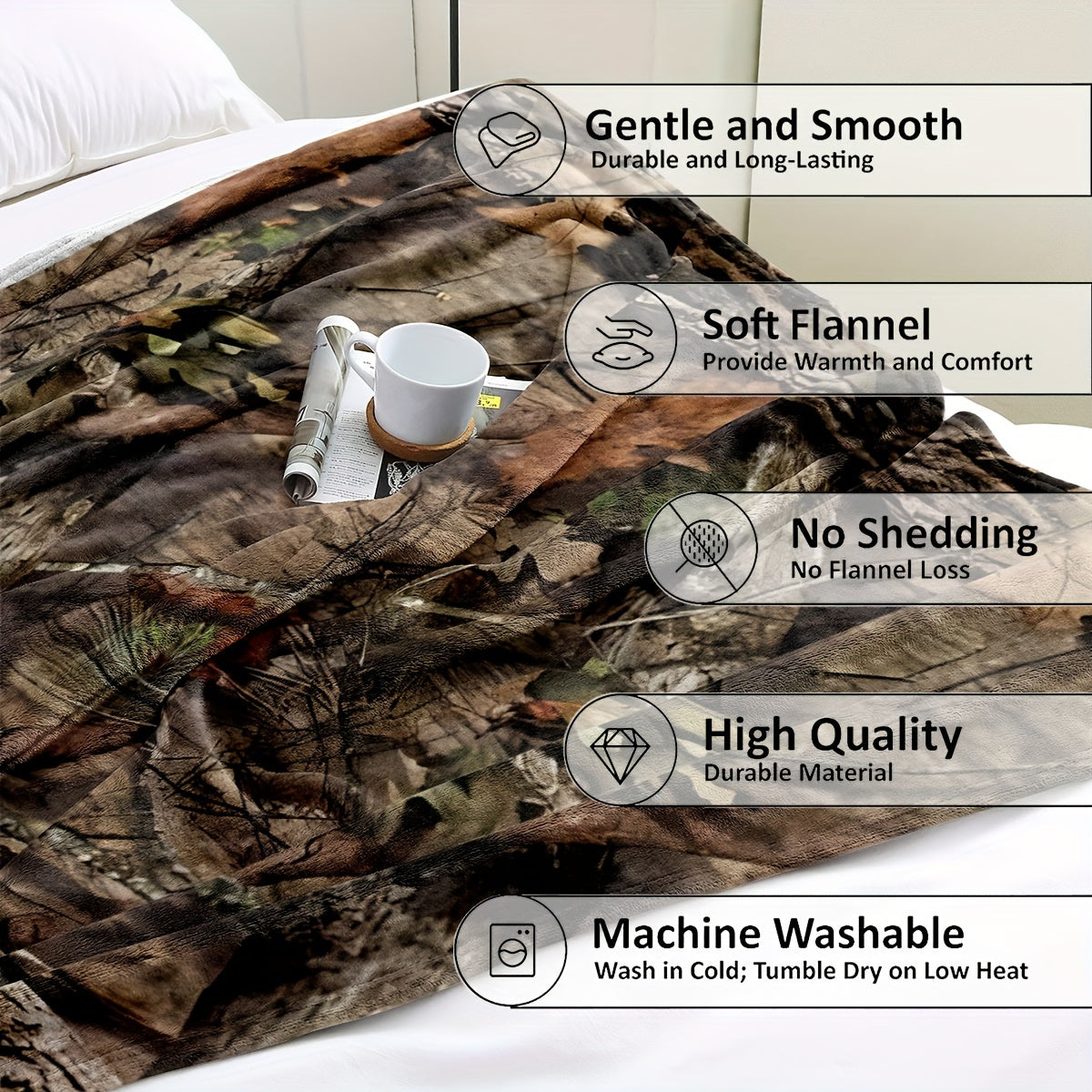 Ultra-clear digital print flannel hunting camouflage forest blanket, incredibly cozy and snug, perfect for outdoor adventures, traveling, staying cool indoors, or catching a quick nap.