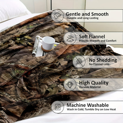 Ultra-clear digital print flannel hunting camouflage forest blanket, incredibly cozy and snug, perfect for outdoor adventures, traveling, staying cool indoors, or catching a quick nap.