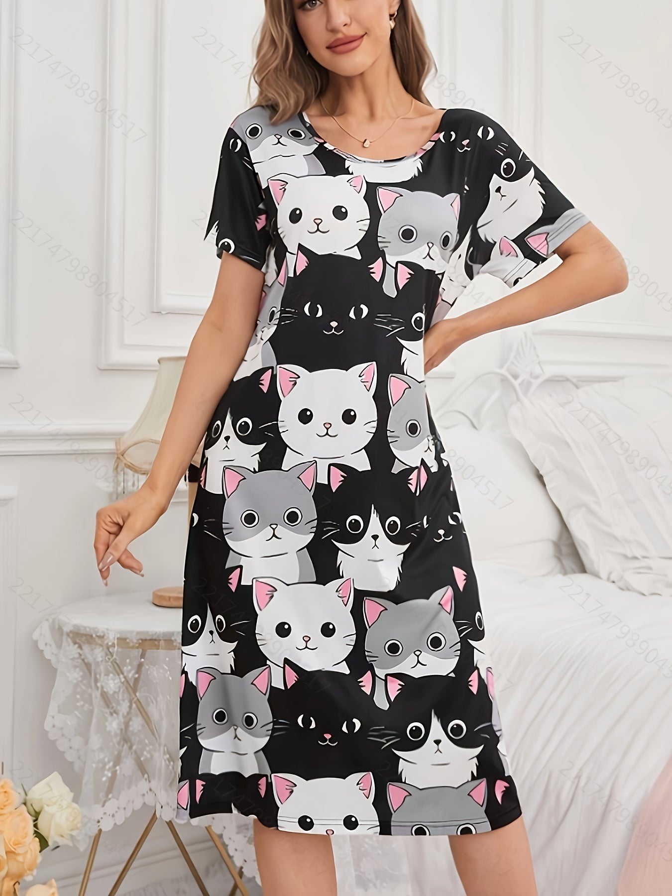 Women's knee-length sleep dress with cute cat print, made of soft polyester and elastane blend. Machine washable and perfect for all seasons.