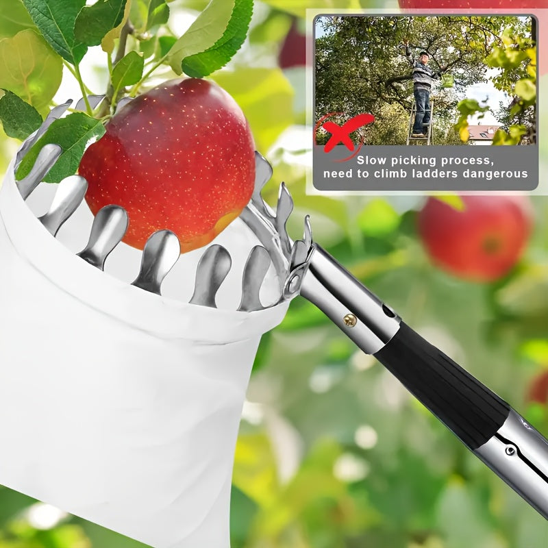 Durable stainless steel fruit picking tool for harvesting apples, oranges, and pears. Enhanced safety features. Ideal gift for New Year or Valentine's Day.