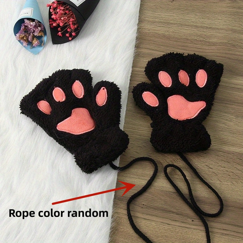 Soft and thickened half-finger winter gloves featuring cute cartoon cat paw design, ideal for keeping your hands warm and cozy. These touchscreen gloves are perfect for adding a touch of fun to your winter wardrobe.