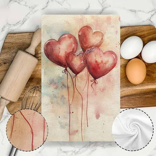 Set of 2 Ultra-Soft Kitchen Towels featuring Valentine's Day Heart Balloon Design. These highly absorbent and machine washable dish hand towels measure 40.64x60.96 cm and showcase a contemporary watercolor style, perfect for holiday decor.