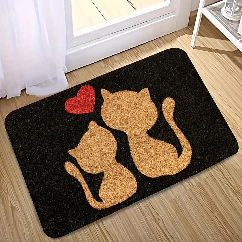 Heart Design Doormat with Cute Cat - Easy to Clean, Machine Washable, Stain Resistant, Polyester Rectangular Rug for Bedroom and Farmhouse Entryways.