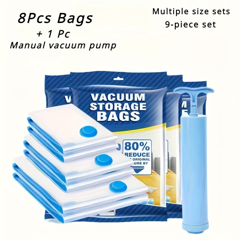 Set of 9 Vacuum Storage Bags with Manual Air Pump, includes 2 Extra Large, 3 Large, and 3 Medium bags. These airtight compression bags are perfect for saving space and securely storing clothes, pillows, blankets, bedding, and more. Made of durable