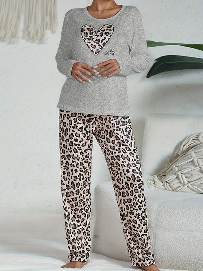 Casual leopard pajama set with long sleeve heart print top and pants for women's sleepwear and loungewear.