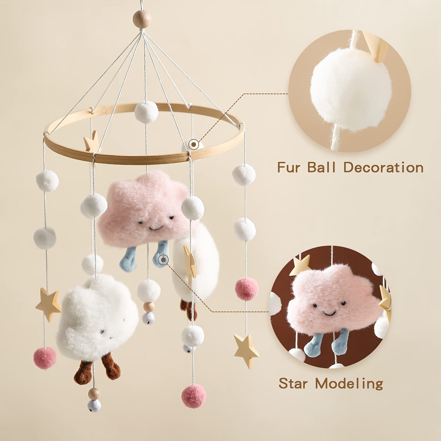 Handmade Plush Clouds and Stars Bed Bell Wind Chimes for Kids,  Soothing Ornaments for Children's Beds, Decor for Kids' Rooms