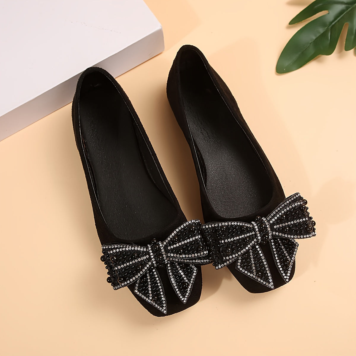 Women's rhinestone butterfly flat shoes with square toe, lightweight and comfortable.