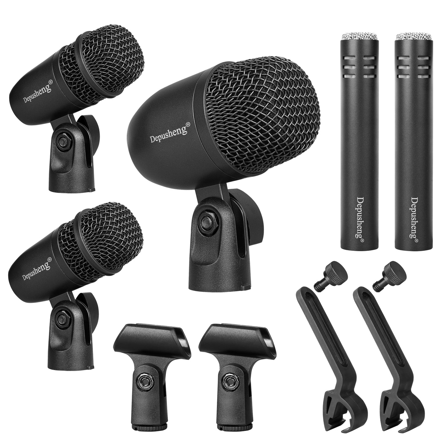 Depusheng 7pcs Wired Dynamic Microphone Kit for Drums, with All-Metal Construction, Ideal for Kick Bass, Tom/Snare, and Cymbals. Includes Thread Clips and 7 Audio Cables for Stage Use.