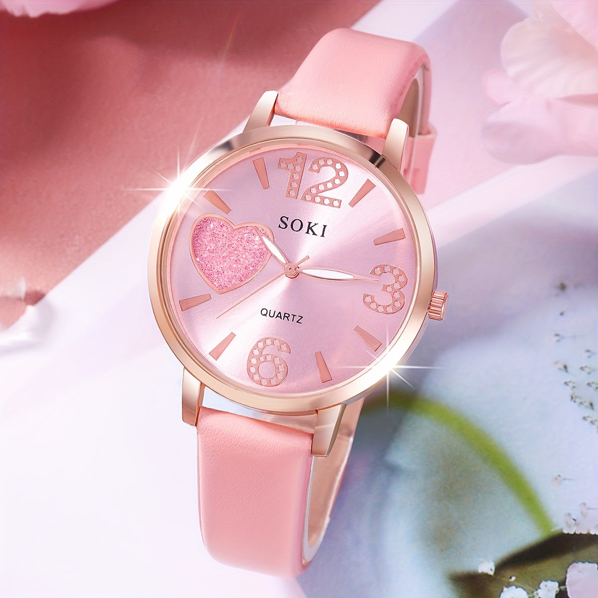 1pc Ladies Fashion Casual Round Digital Quartz Faux Leather Wrist Watch with 4pcs Heart Jewelry Set for Women