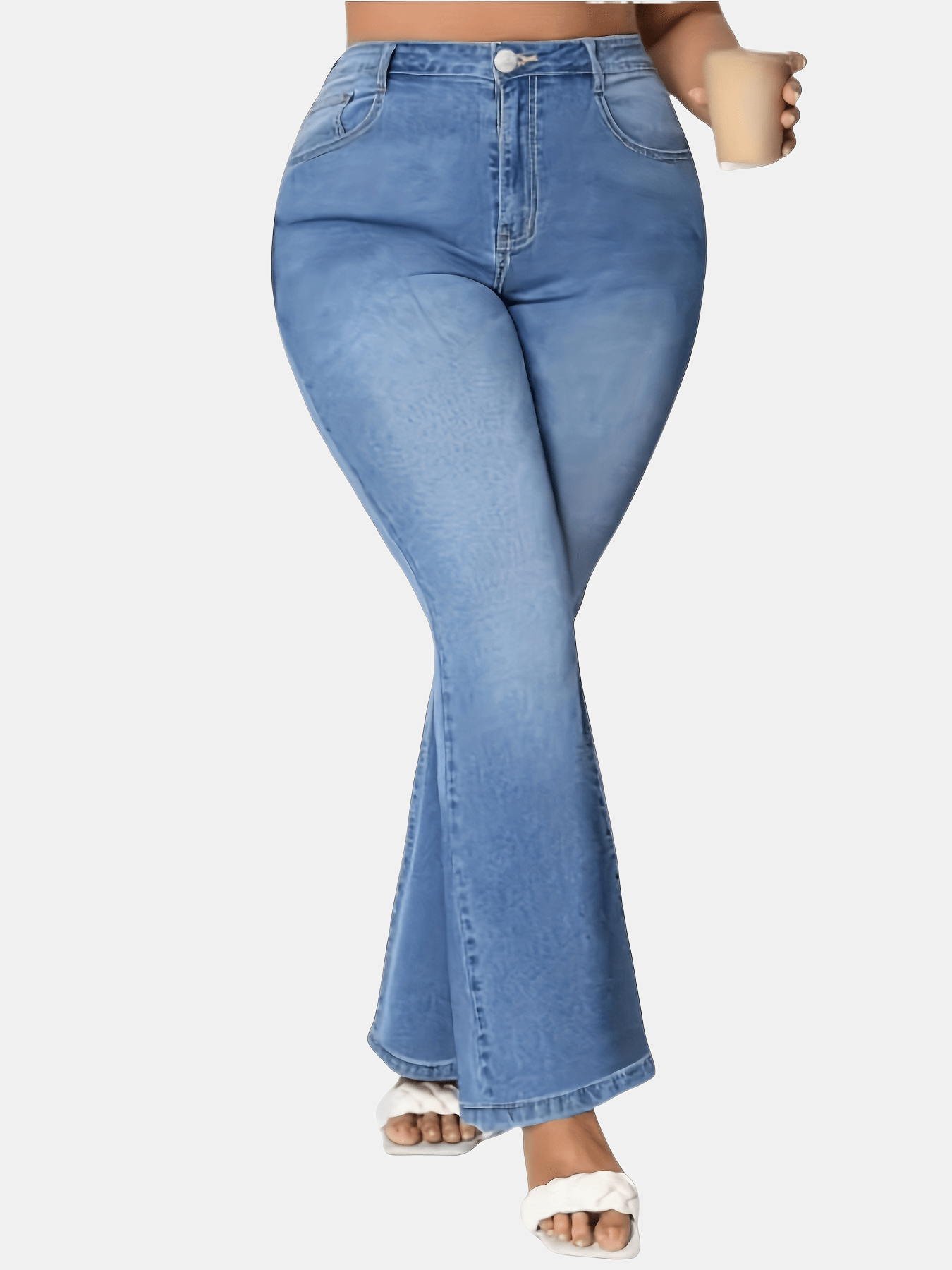 Women's plus size blue flare jeans made of stretch denim with a classic button closure, perfect for casual wear.