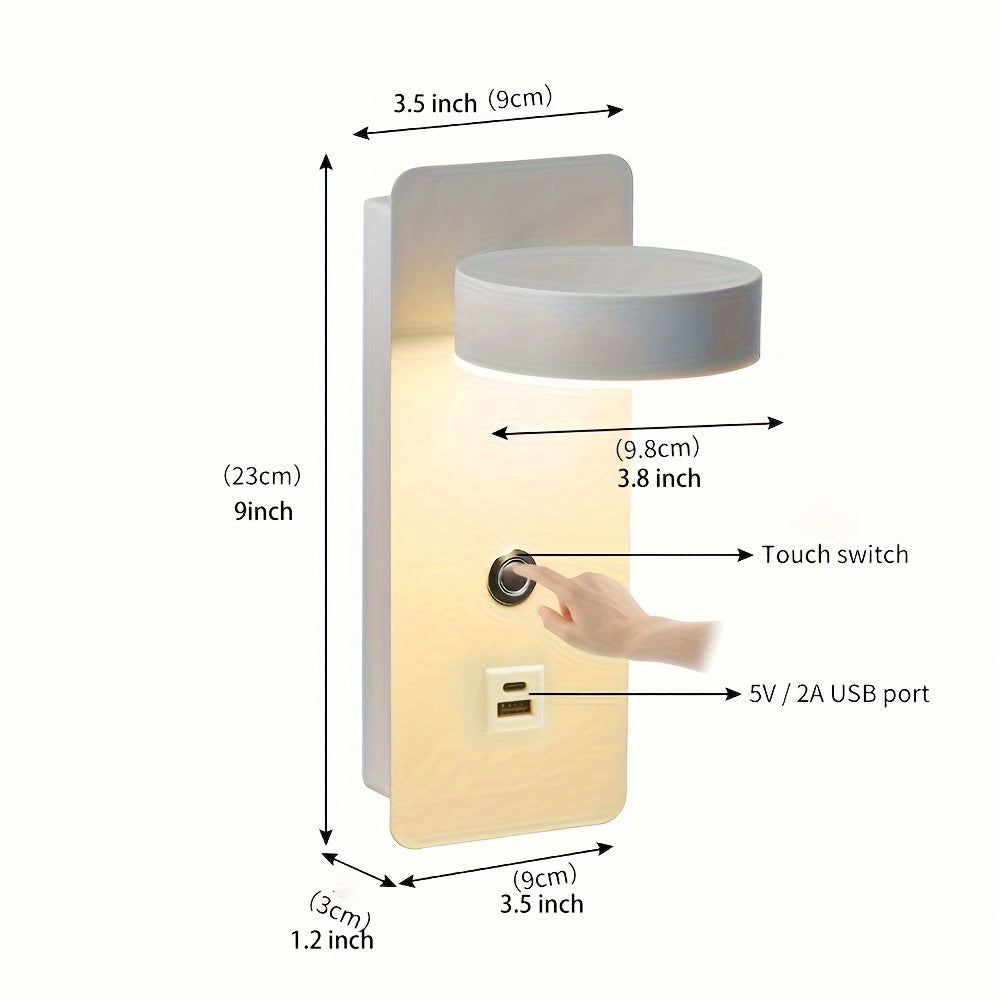 Wall-mounted reading lamp with dimming switch, 350° rotatable, USB port, touchable dimming 9W.