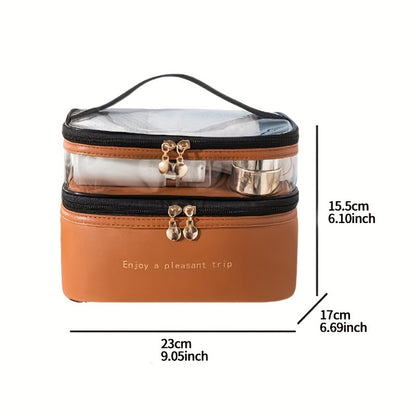 Stylish and practical travel makeup bag with double layers, made of waterproof PU material, featuring a transparent wash bag and large storage capacity.