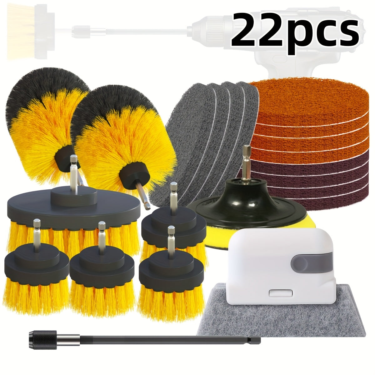 Set of 22 drill brushes - Versatile cleaning attachments for various cleaning tasks, includes window brush, gap brush, white cleaning cloth, ideal for use in bathroom, kitchen, toilet, car, and on floors. Made of reusable plastic for long-lasting use.