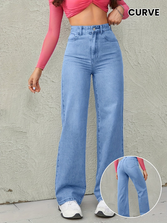 Sky blue wide leg jeans for women with high waist, loose fit, and medium elasticity.