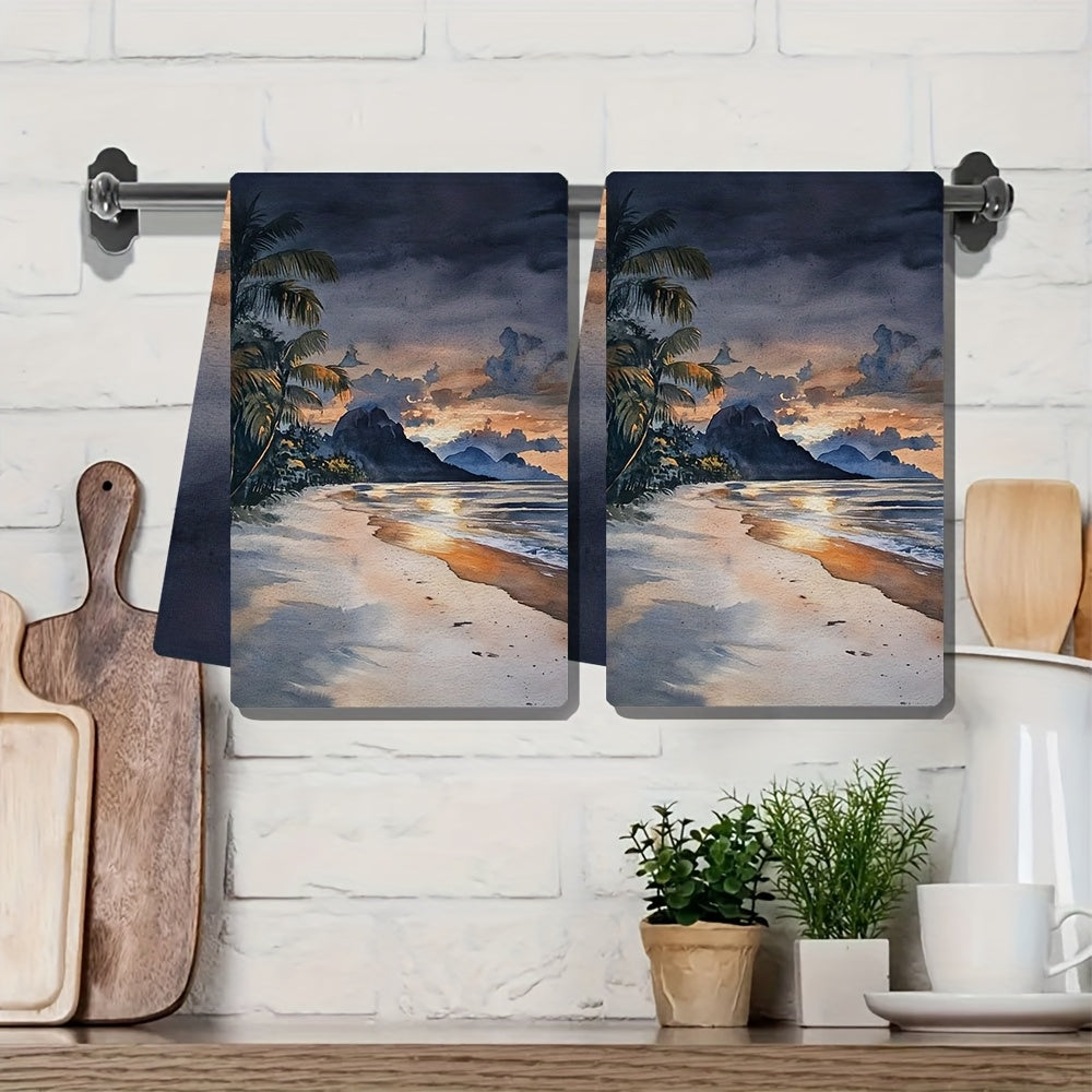 Set of 2 Ultra Soft Kitchen Towels featuring a Tropical Beach Sunset Scene. These towels are highly absorbent and machine washable, measuring 40.64x60.96 cm. Perfect for holiday decor and as dish towels.