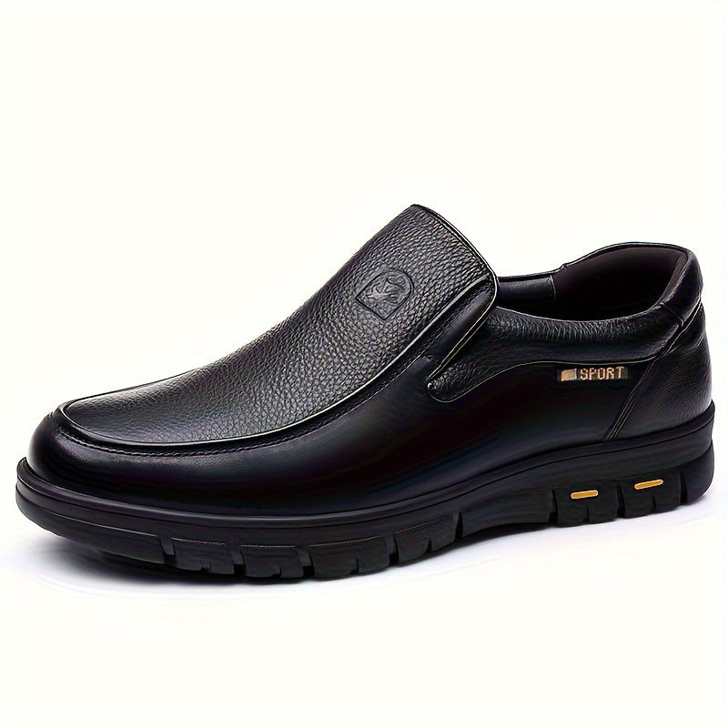 Men's slip-on business casual shoes made with head layer leather, PU lining, rubber sole, and fabric insole.