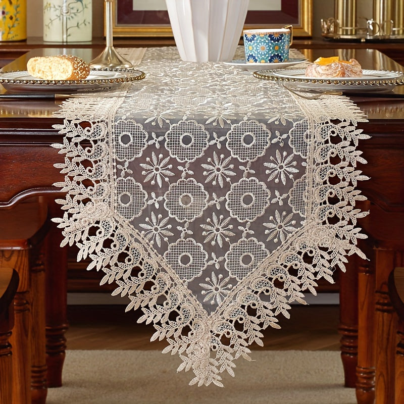 Polyester table runner with white embroidery flowers and lace edge, perfect for room or dining table decor.