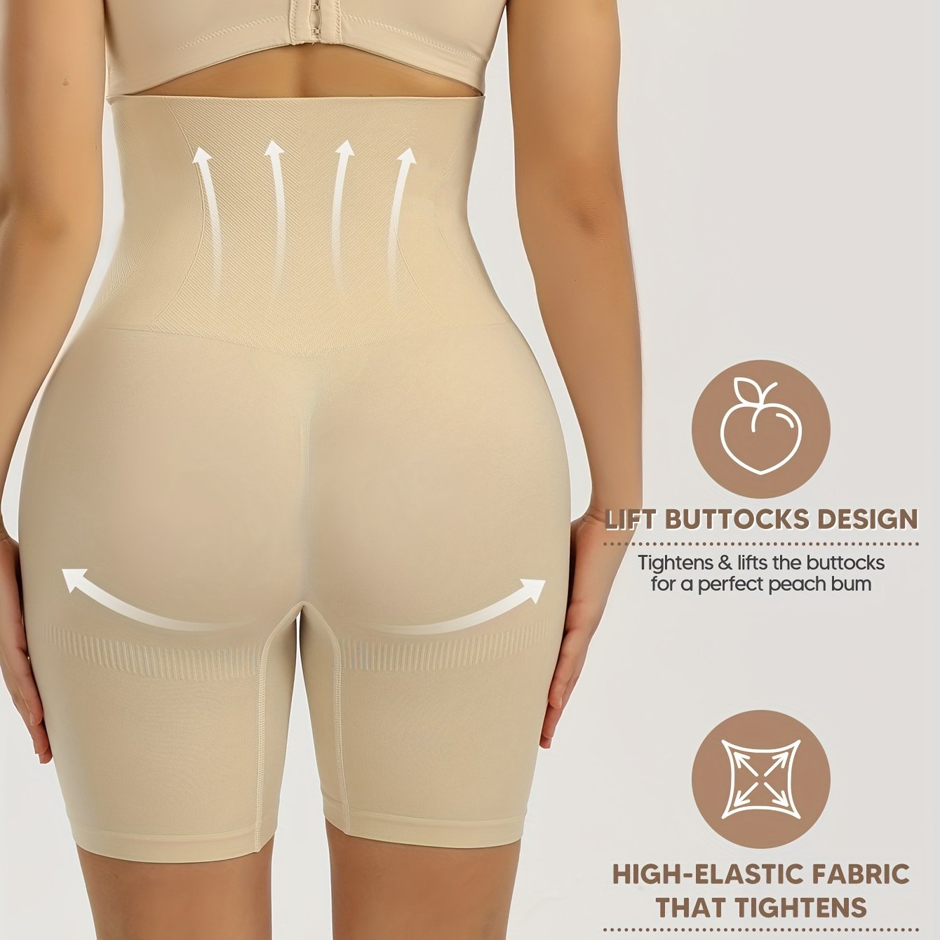 Women's high-waist shaping shorts with tummy control, butt lifting, and back support. Features comfortable elastic waistband, solid color, and is machine washable.