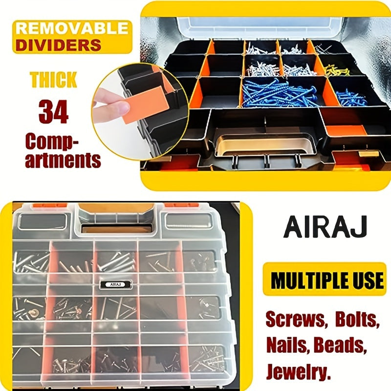 AIRAJ Double-Sided Parts Box, 34 Compartment, Black and Orange color, made of bamboo fiber and plastic, high-quality and durable, no assembly needed, uncharged, battery not included.