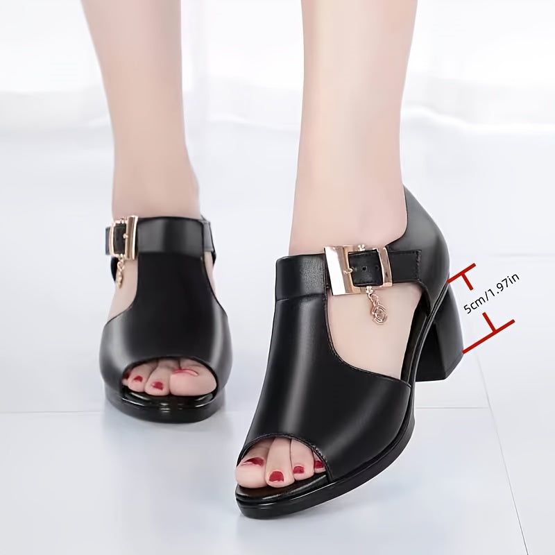 Stylish black peep-toe sandals with chunky heel, golden buckle strap, cut-out design, and high heel; perfect for casual summer outdoor wear.