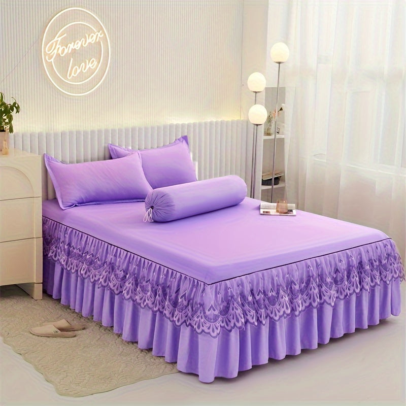 Chic 3-Piece Bed Skirt Set Featuring Double Layer Lace - Comes with 1 Bed Skirt and 2 Pillowcases, in a Solid Color. Non-Slip and Perfect for All Seasons, this Set is Machine Washable for easy care.