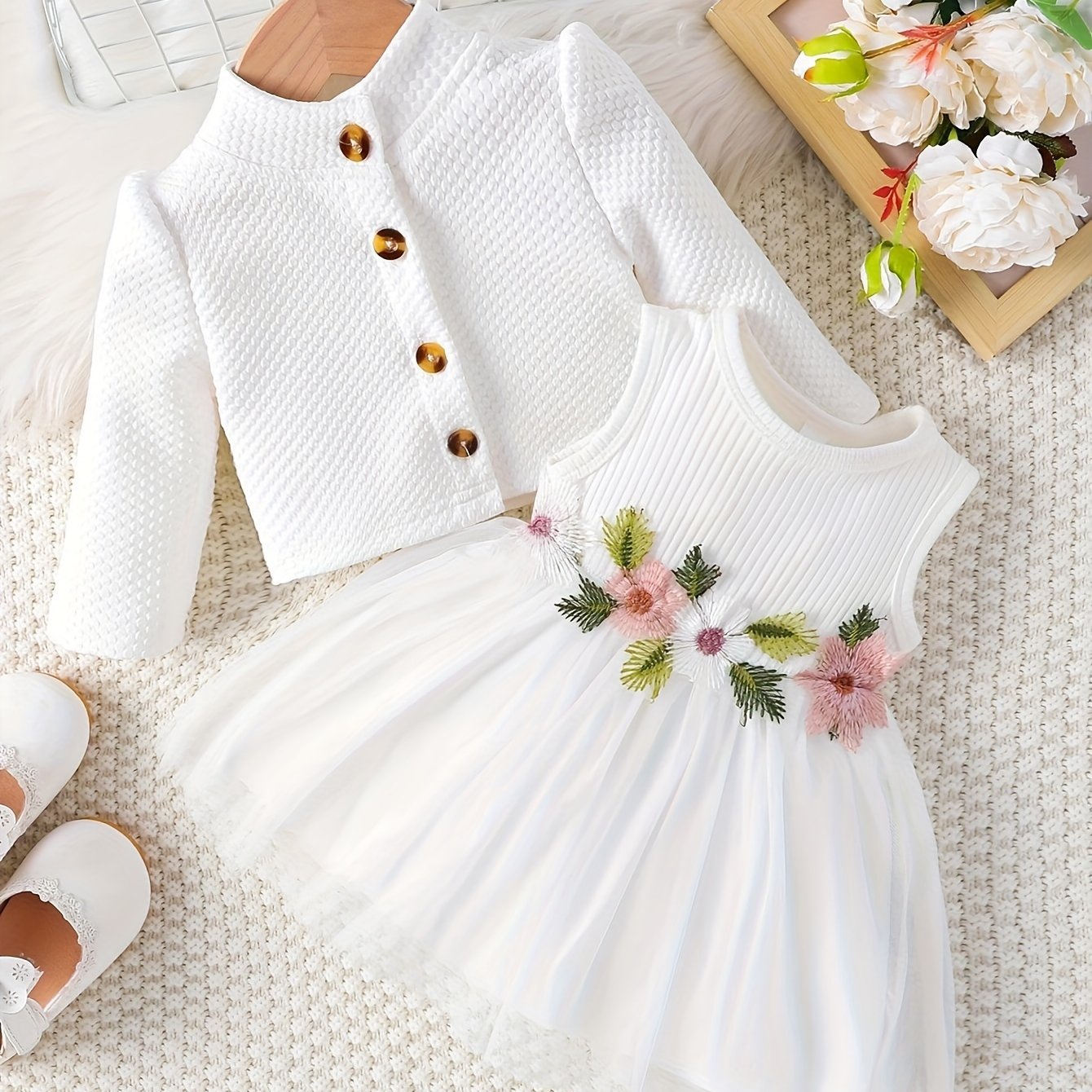 Floral dress set with long sleeve jacket for girls.