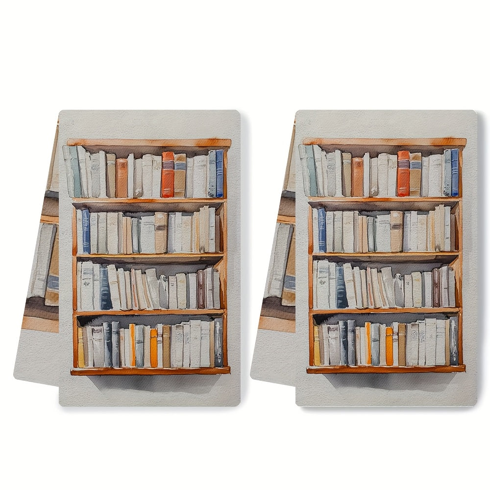 Two pieces of ultra soft kitchen towels featuring a minimalist bookshelf design. These highly absorbent and machine washable dish hand towels are perfect for contemporary coastal decor. Each towel measures 40.64x60.96 cm.