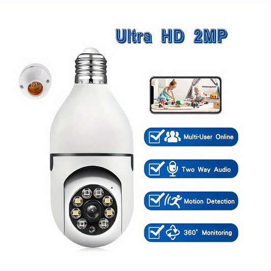 This is a 1080P 2.4GHz socket safety camera with a bulb design that can rotate 355 degrees. It can be used indoors and outdoors and supports full-color viewing during both day and night. The camera also features motion detection, alarms, and two-way